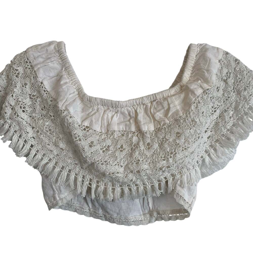 American Eagle Outfitter Womens XXS White Boho Lace Off Shoulder Crop Top Fringe